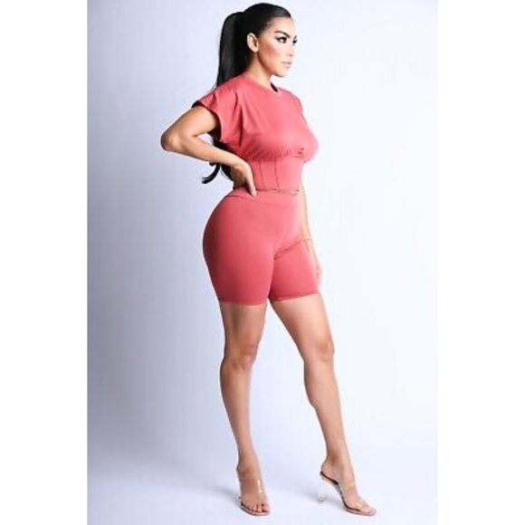 Women's Short Sleeves Corseted Top And Matching Biker Shorts 2 Piece Outfit Set - Picture 2 of 10